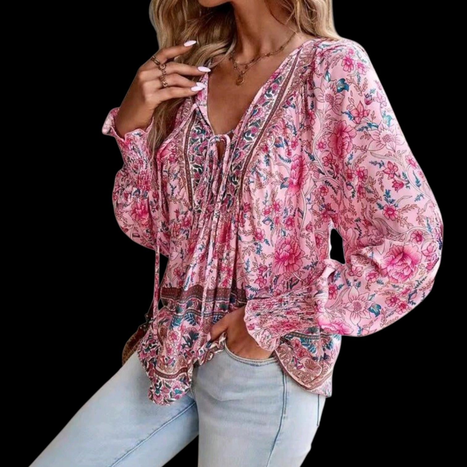 Pink Floral Boho Peasant Blouse – V-Neck with Lace-Up Ties, Long Sleeves – Elegant Bohemian Style – Size L