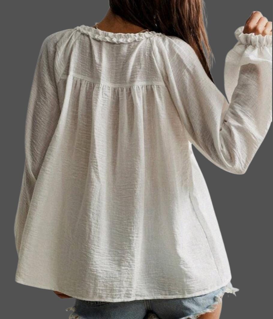 Boho White Flowy Blouse – Ruffle V-Neck, Bishop Sleeves, Relaxed Fit | Women's Large