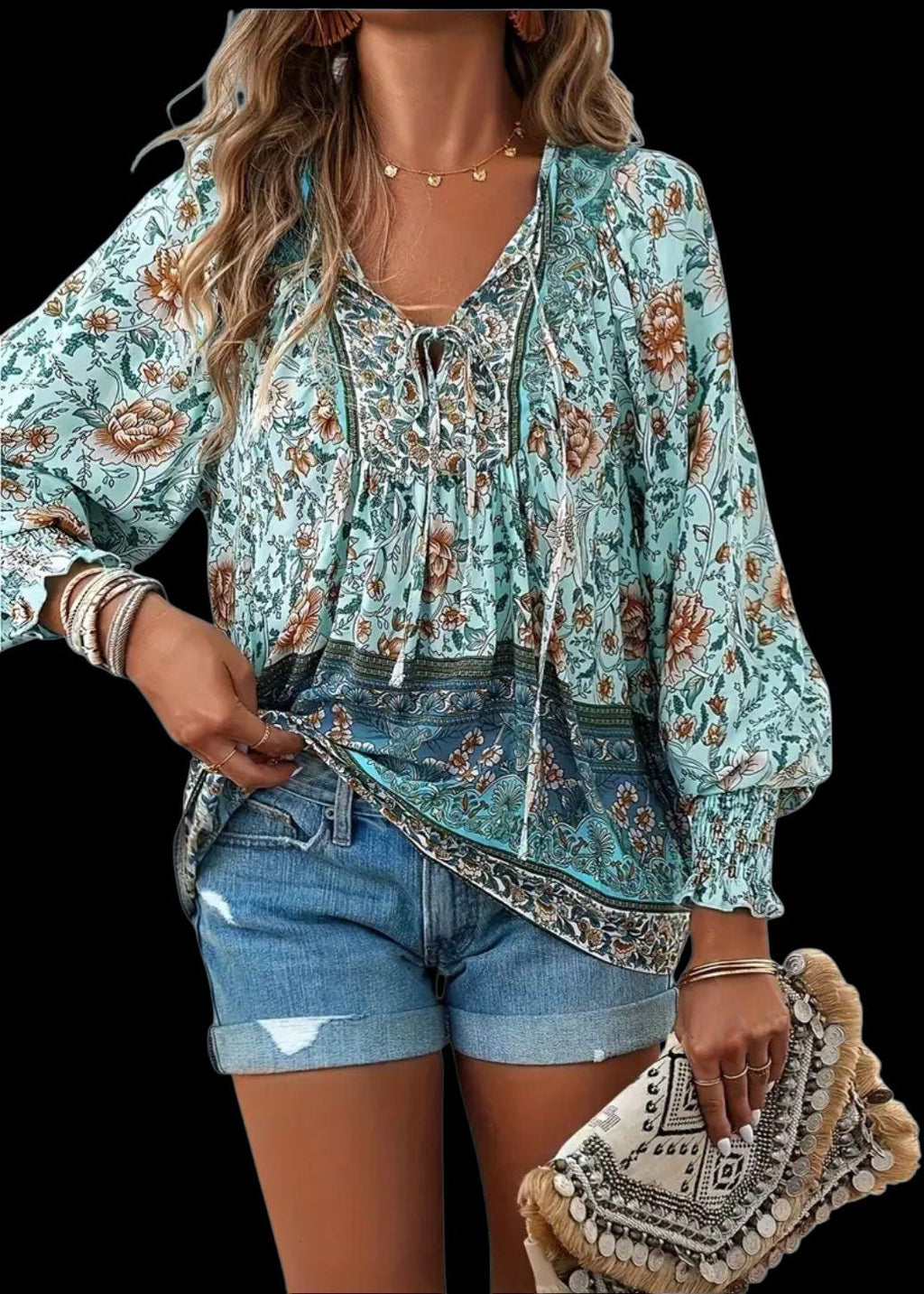 Blue Floral Boho Peasant Blouse – V-Neck with Lace-Up Ties, Long Sleeves – Elegant Bohemian Style – Size L