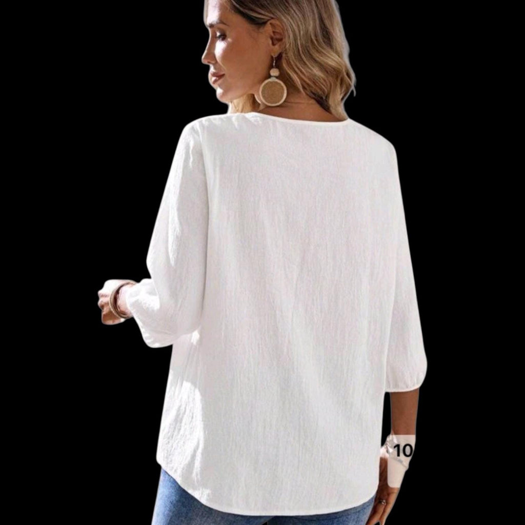 Bohemian Top, Flowy Feminine Blouse with Pleated V-Neckline- (XL)