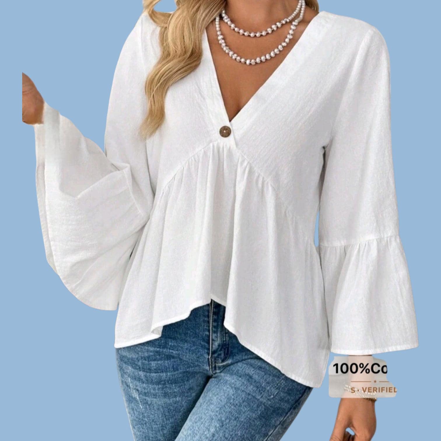 Boho 100% Cotton White V-Neck Flowy Top – Hippie Loose Fit – L