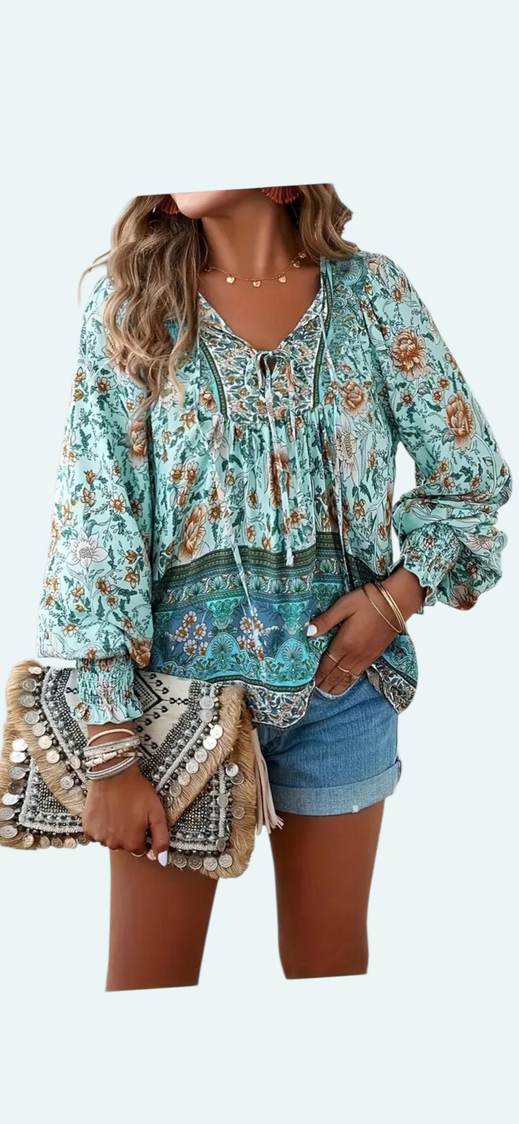 Women's Boho Blue Floral Blouse | V-Neck Flowy Top with Ties – Size XXL
