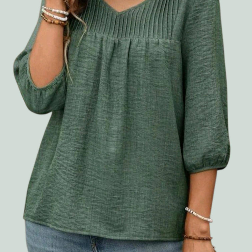 Green Boho Blouse with Pleated Bodice – Flowy V-Neck, Elegant Bohemian Style – Size XL