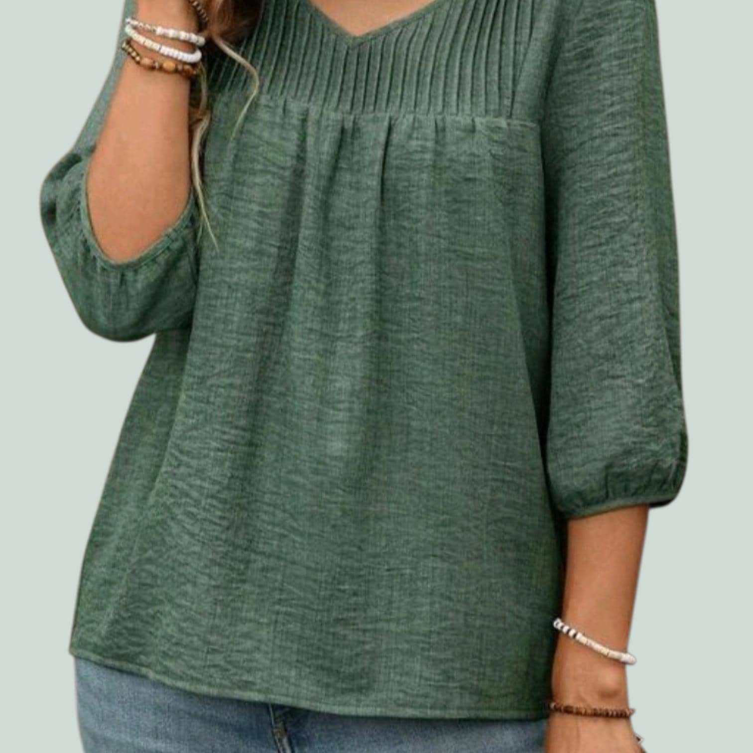 Green Boho Blouse with Pleated Bodice – Flowy V-Neck, Elegant Bohemian Style – Size XL
