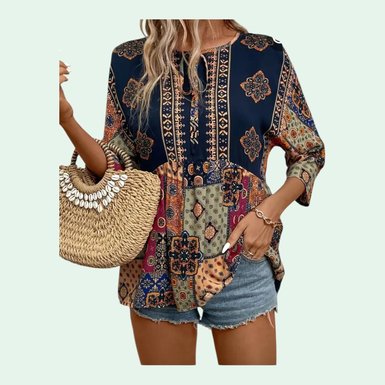 Women's Boho Patchwork Peplum Top | V-Neck 3/4 Sleeve with Ties – Size L