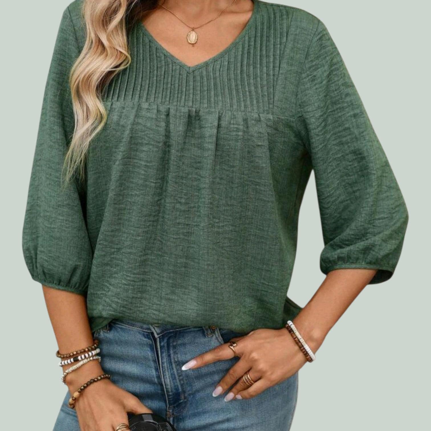 Green Boho Blouse with Pleated Bodice – Flowy V-Neck, Elegant Bohemian Style – Size XL
