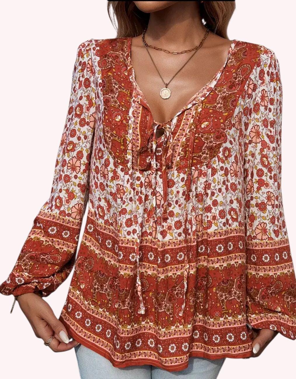 Women's Boho Blouse – Flowy Bohemian Top, Earth Tone Long Sleeve Shirt, Fall Festival Outfit, Hippie Style Top- Size: S