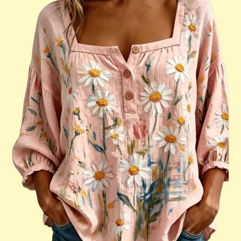 Boho Pink Casual Babydoll Floral Blouse with 3/4 Sleeves | Size L