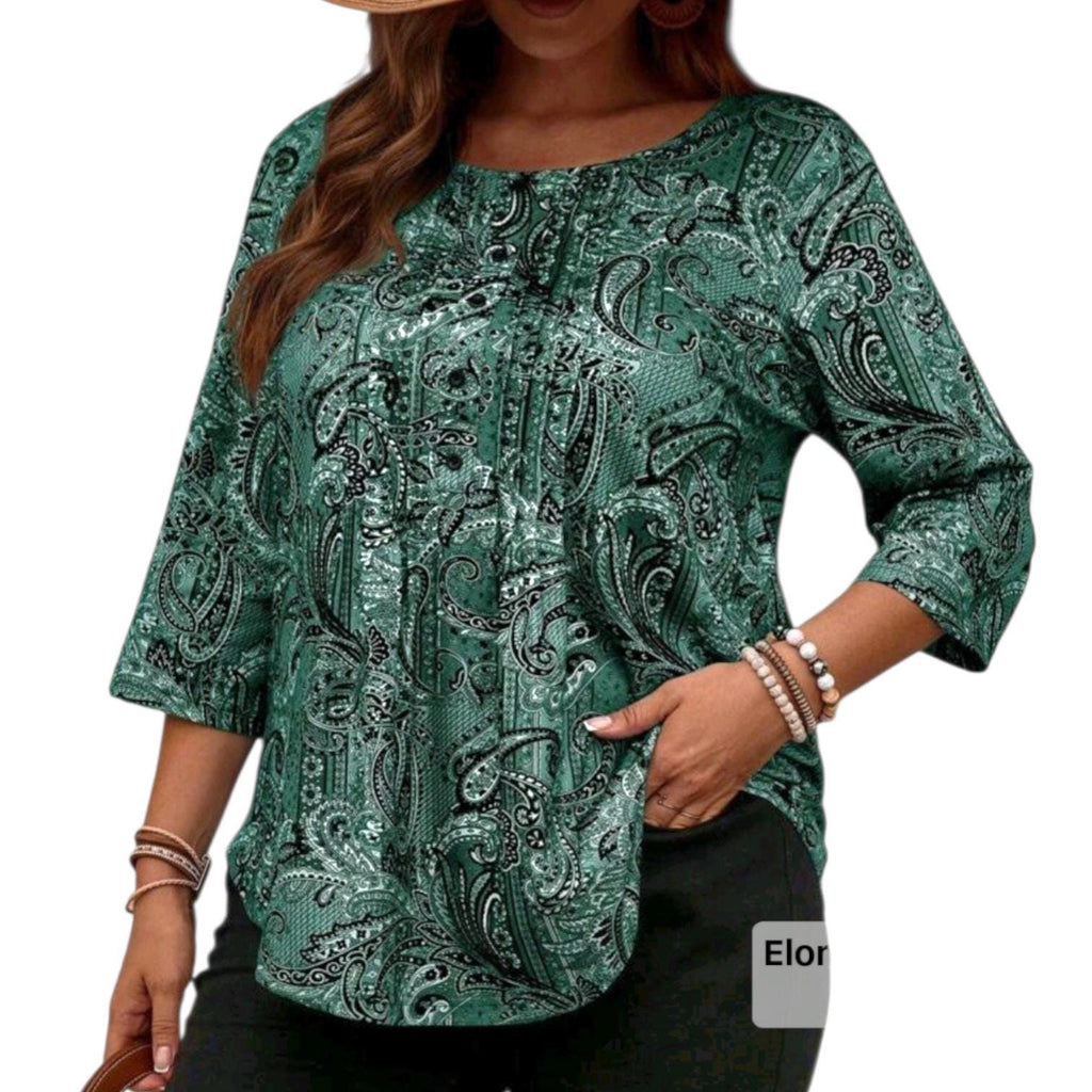 Women's Plus Size Boho Blouse | Dark Green Paisley Flowy Top (3XL / 18)