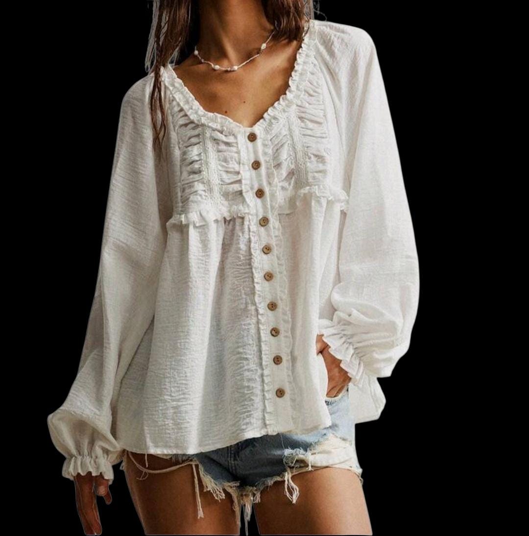 Boho White Flowy Blouse – Ruffle V-Neck, Bishop Sleeves, Relaxed Fit | Women's Large