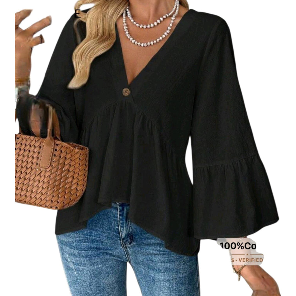 Black Cotton Boho Blouse – Women's Boutique Top with Bell Sleeves | Gift Idea for Her Size: XL