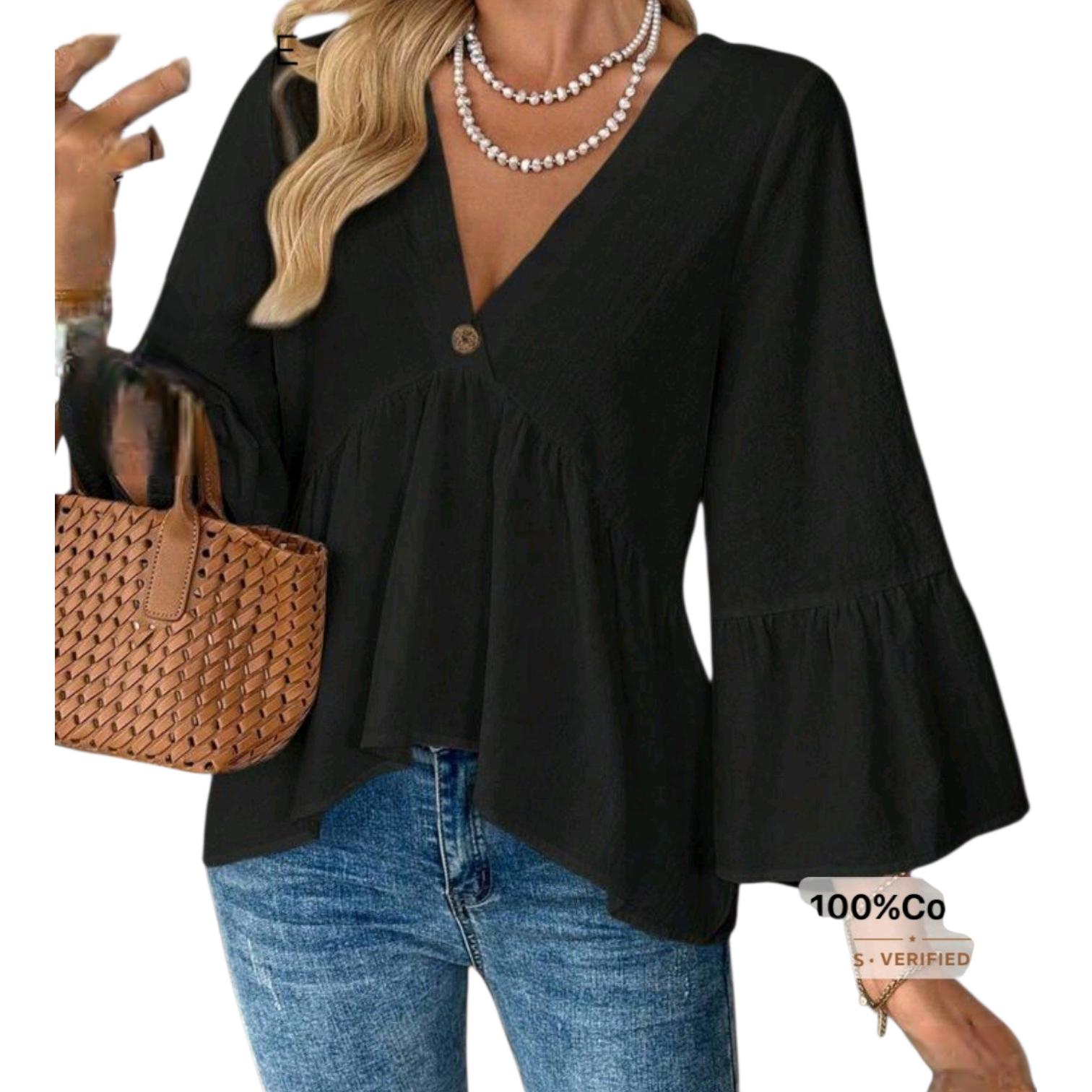 Black Cotton Boho Blouse – Women's Boutique Top with Bell Sleeves | Gift Idea for Her Size: XL
