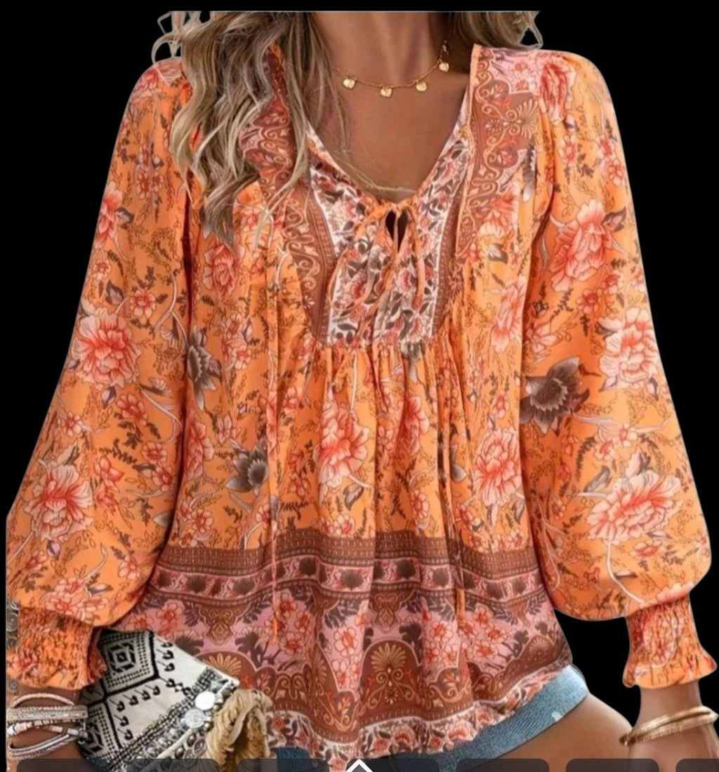 Women's Boho Blouse – Orange Floral Long Sleeve Top, Flowy Hippie Style | Size XL