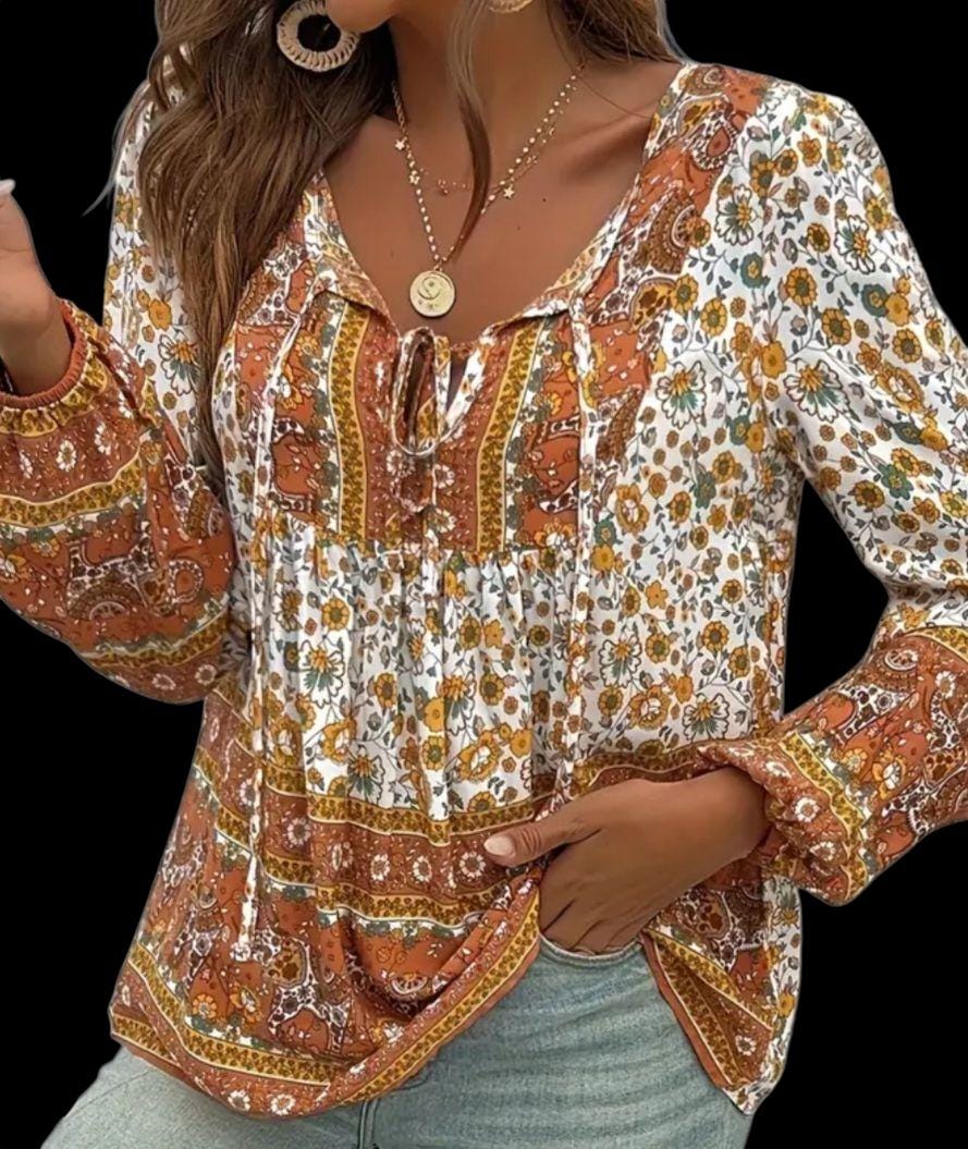 Boho (S) Women's Casual Floral Coffee Brown Blouse with Long Sleeves, V-neck and Ties.