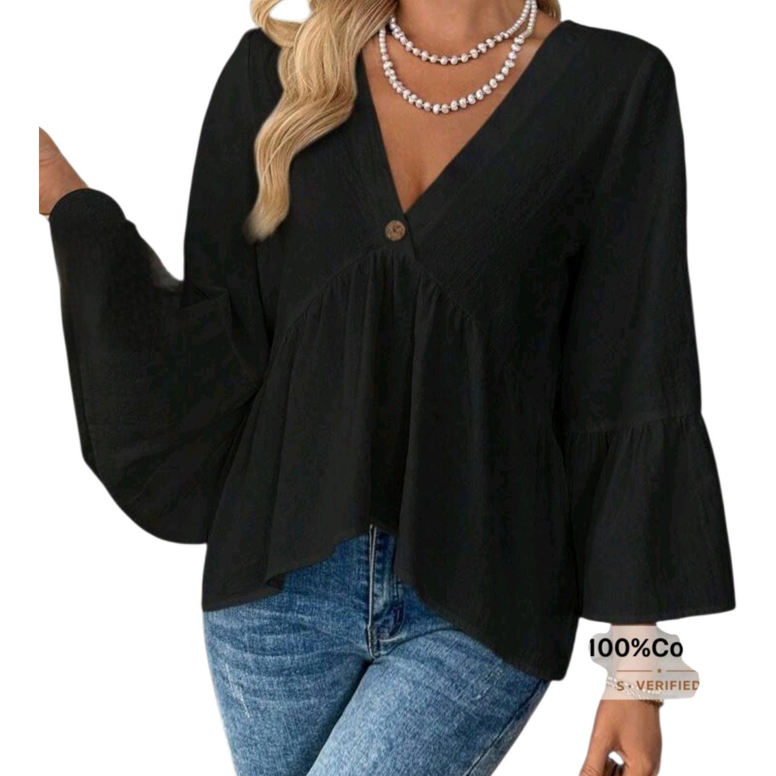 Boho 100% Cotton Black Blouse – Flowing V-Neck, Relaxed Fit | Size L