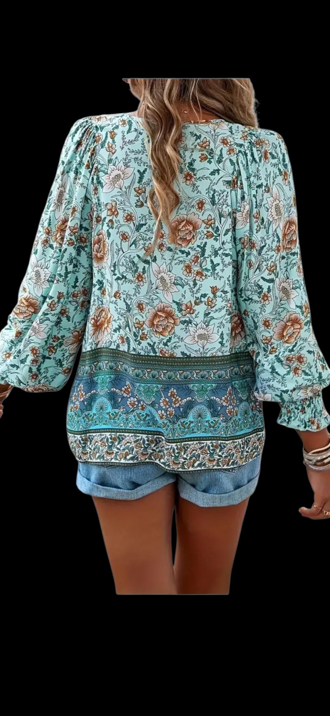 Blue Floral Boho Blouse – Flowy V-Neck with Ties, Long Sleeves – Size L