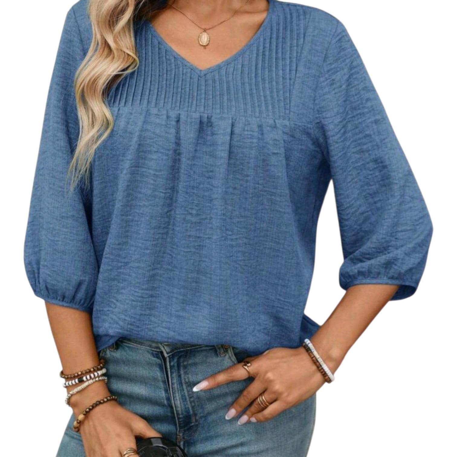 Blue Boho Flowy V-Neck Top – Loose Relaxed Fit, Elegant Bohemian Style – Size L