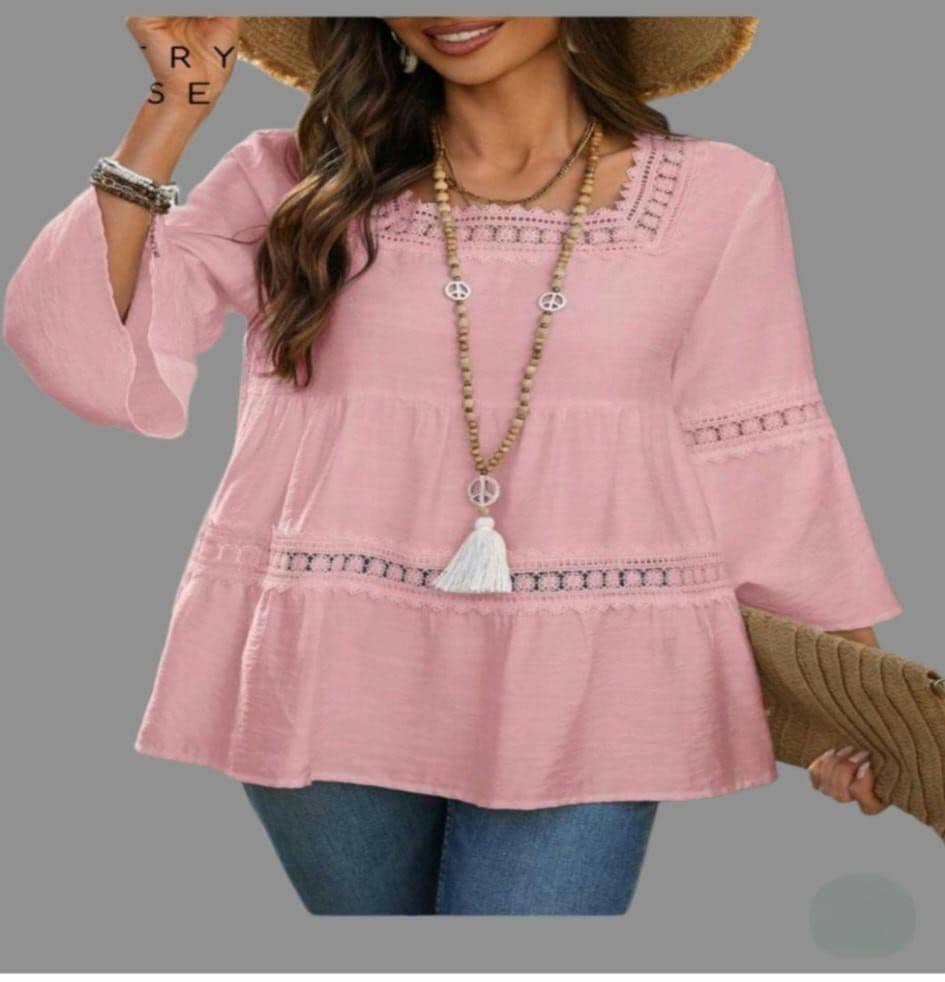 Women's Dusty Rose Boho Tunic Blouse | Lace & Fringe, 3/4 Bell Sleeves – Size XL