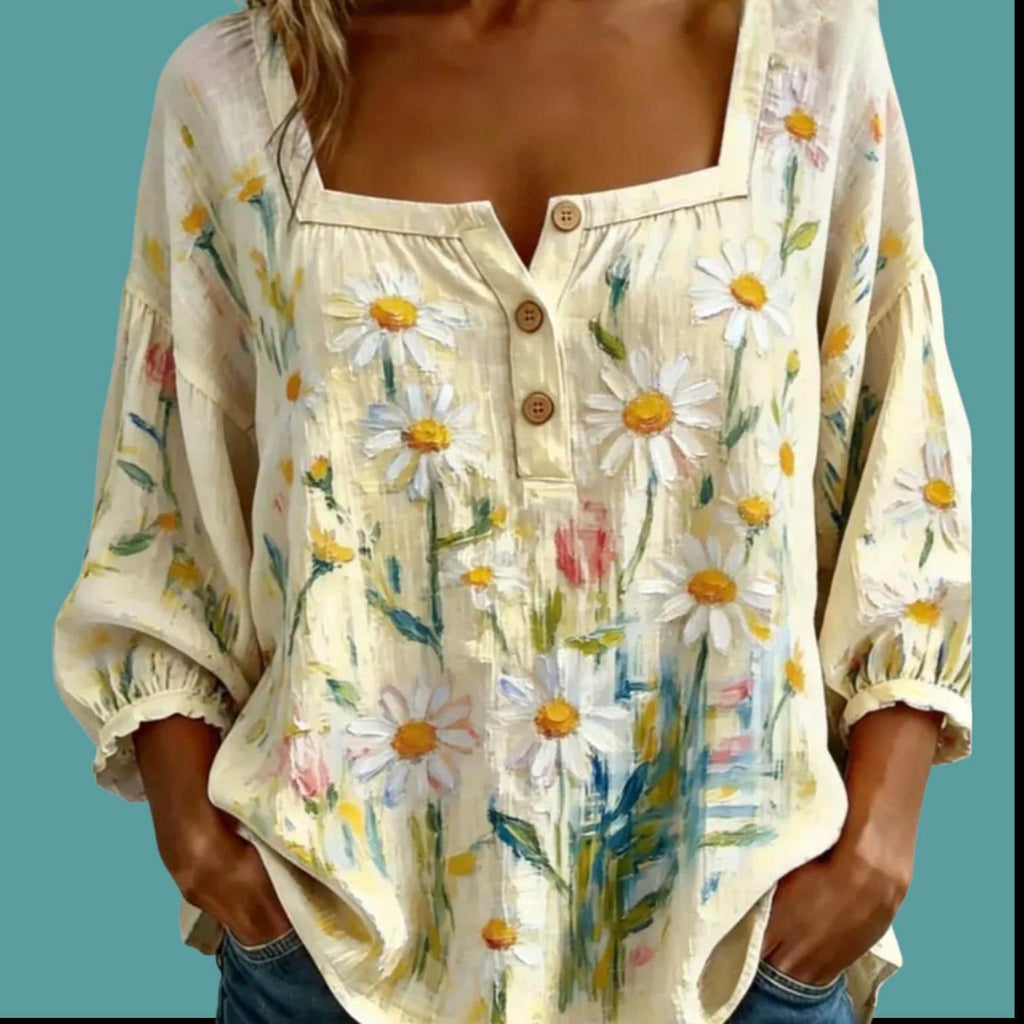 Women's Boho Blouse - Yellow Floral Print Top - Casual Boho Top - Size: M