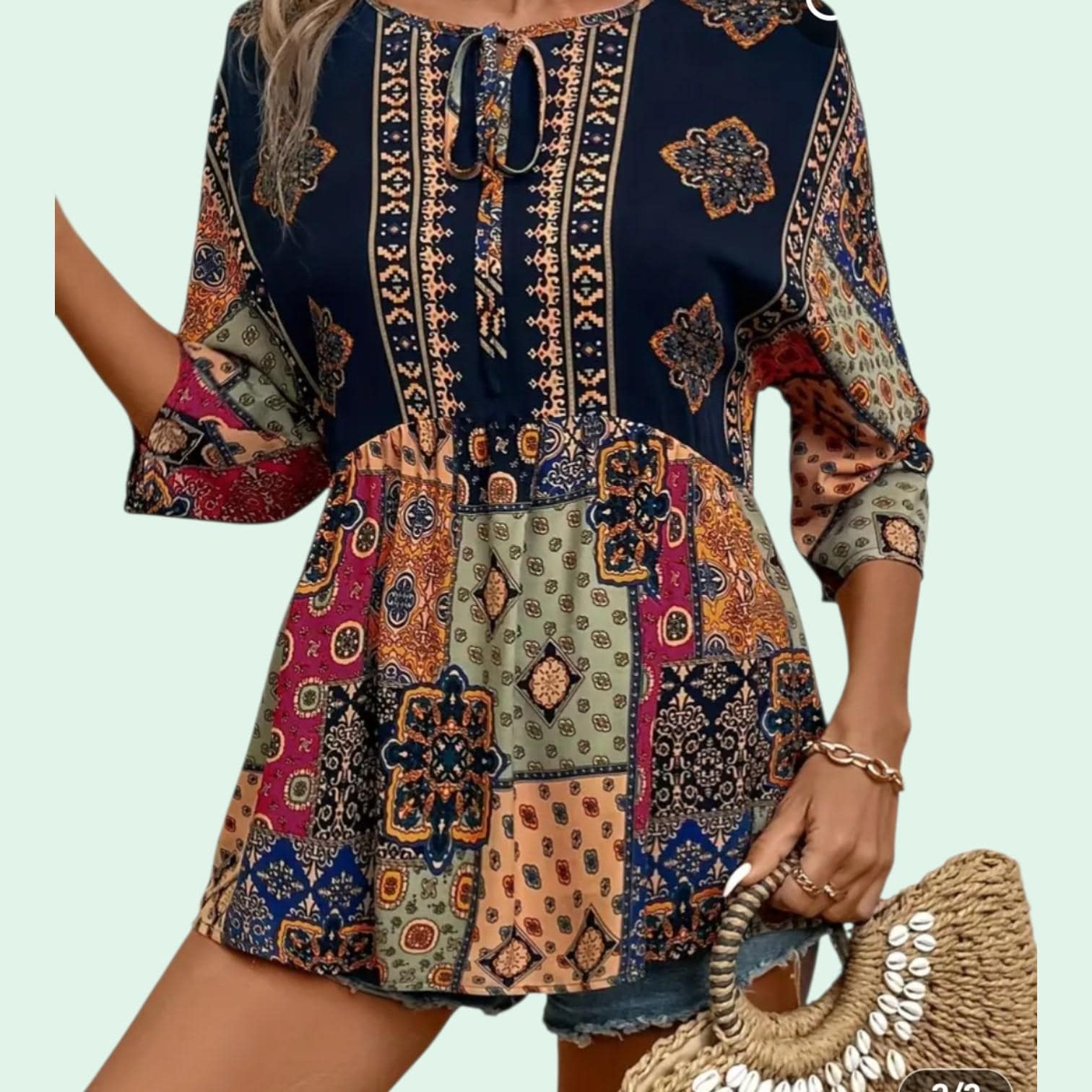 Women's Boho Patchwork Peplum Top | V-Neck 3/4 Sleeve with Ties – Size L