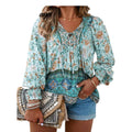 Boho Blue Peasant Blouse – V-Neck with Ties, Long Sleeves, Relaxed Fit | Size XL