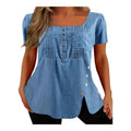 Boho Plus Size 18 (3XL) Blouse, Casual Tunic with Short Sleeves, Pleated Square Neck, Buttons and Pockets.