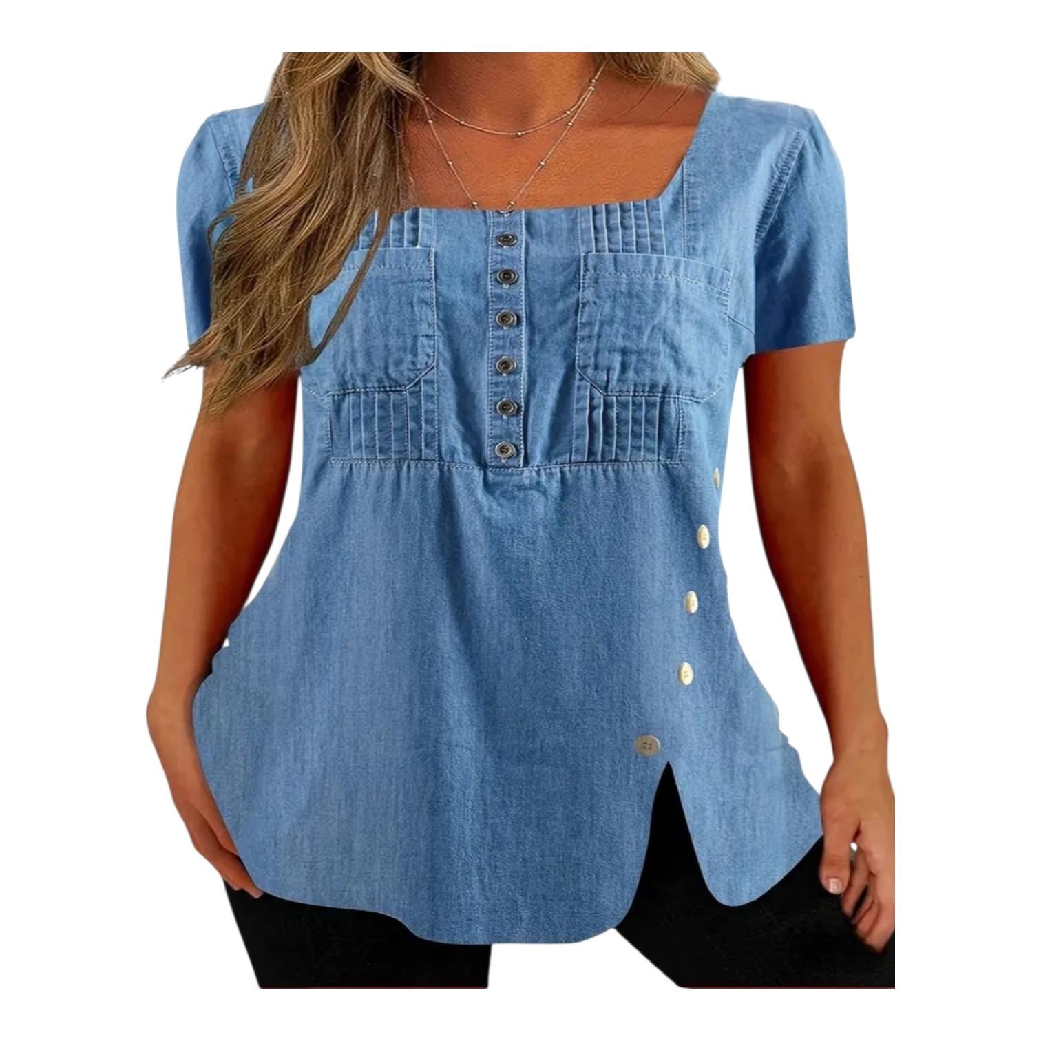 Boho Plus Size 18 (3XL) Blouse, Casual Tunic with Short Sleeves, Pleated Square Neck, Buttons and Pockets.