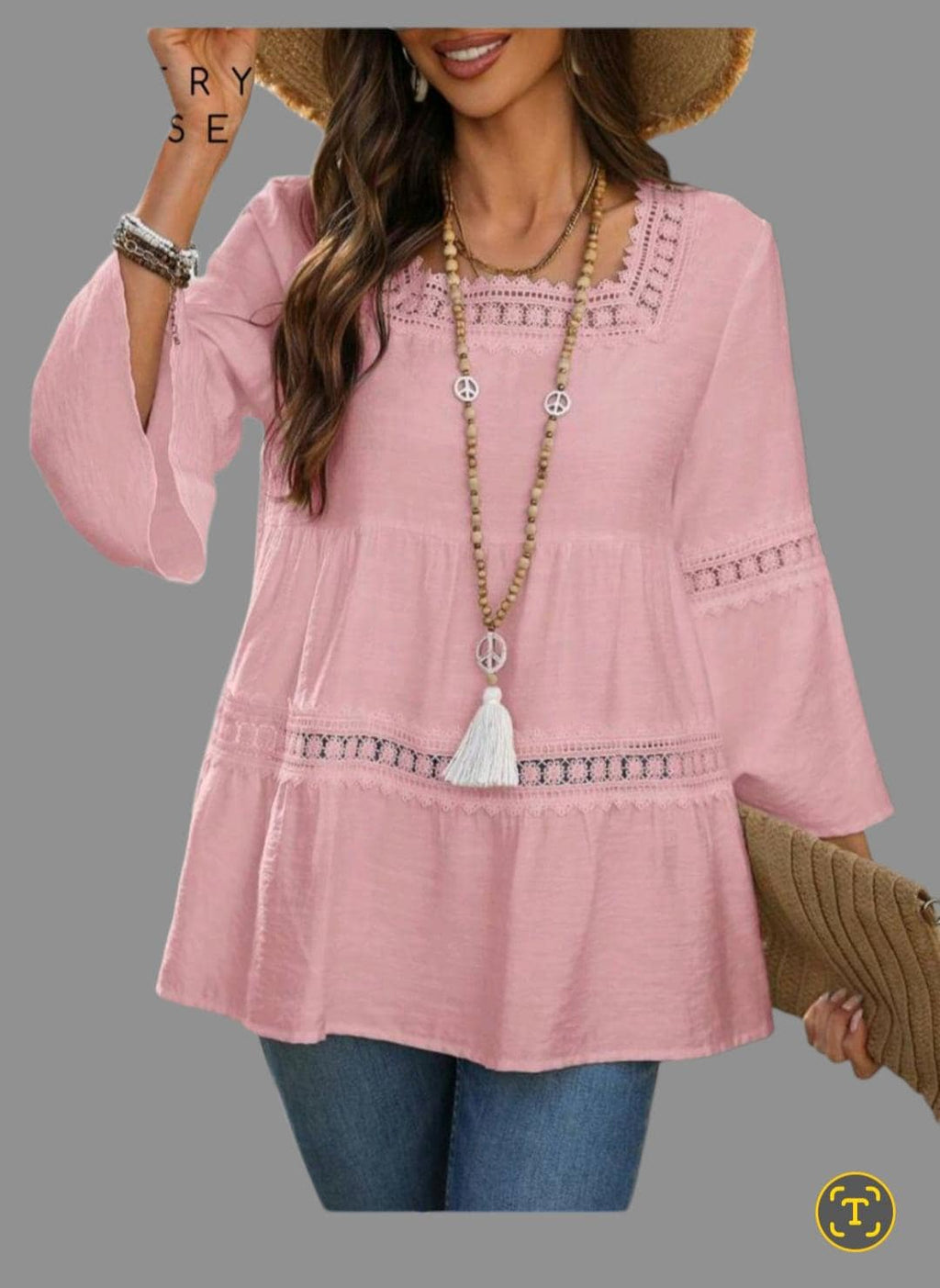 Women's Boho Peplum Blouse | Square Neck Bell Sleeve with Lace & Fringe – Size L