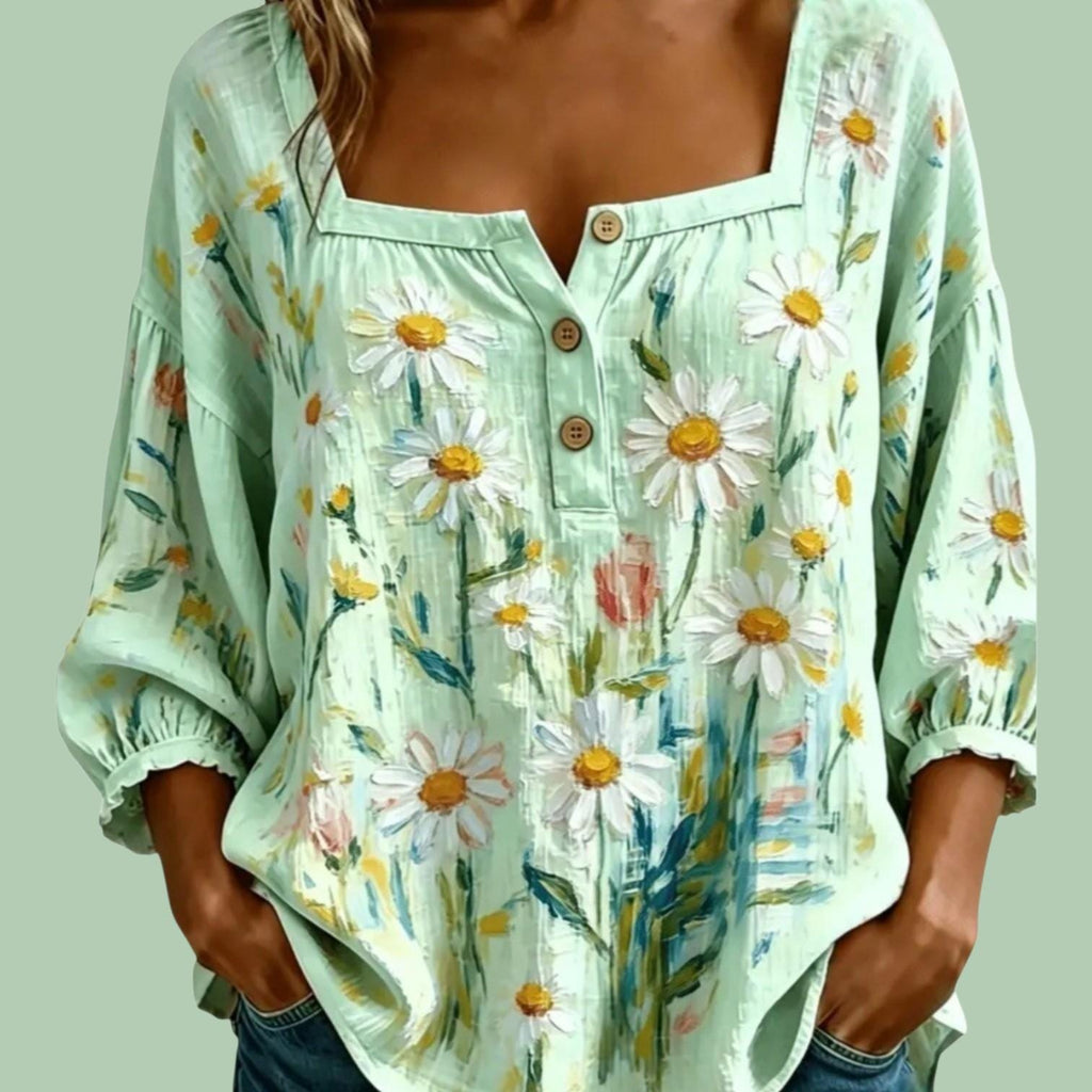 Boho Mint Green Loose Hippie Blouse with V-Neck and 3/4 Sleeves | Size M