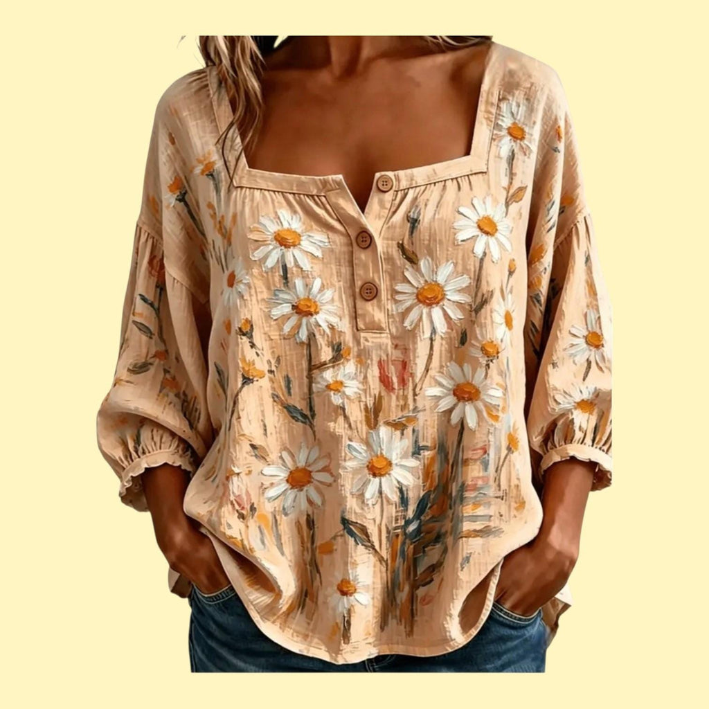 JUST ARRIVED  Boho Peach Casual Babydoll Blouse with 3/4 Sleeves-Size: (L)