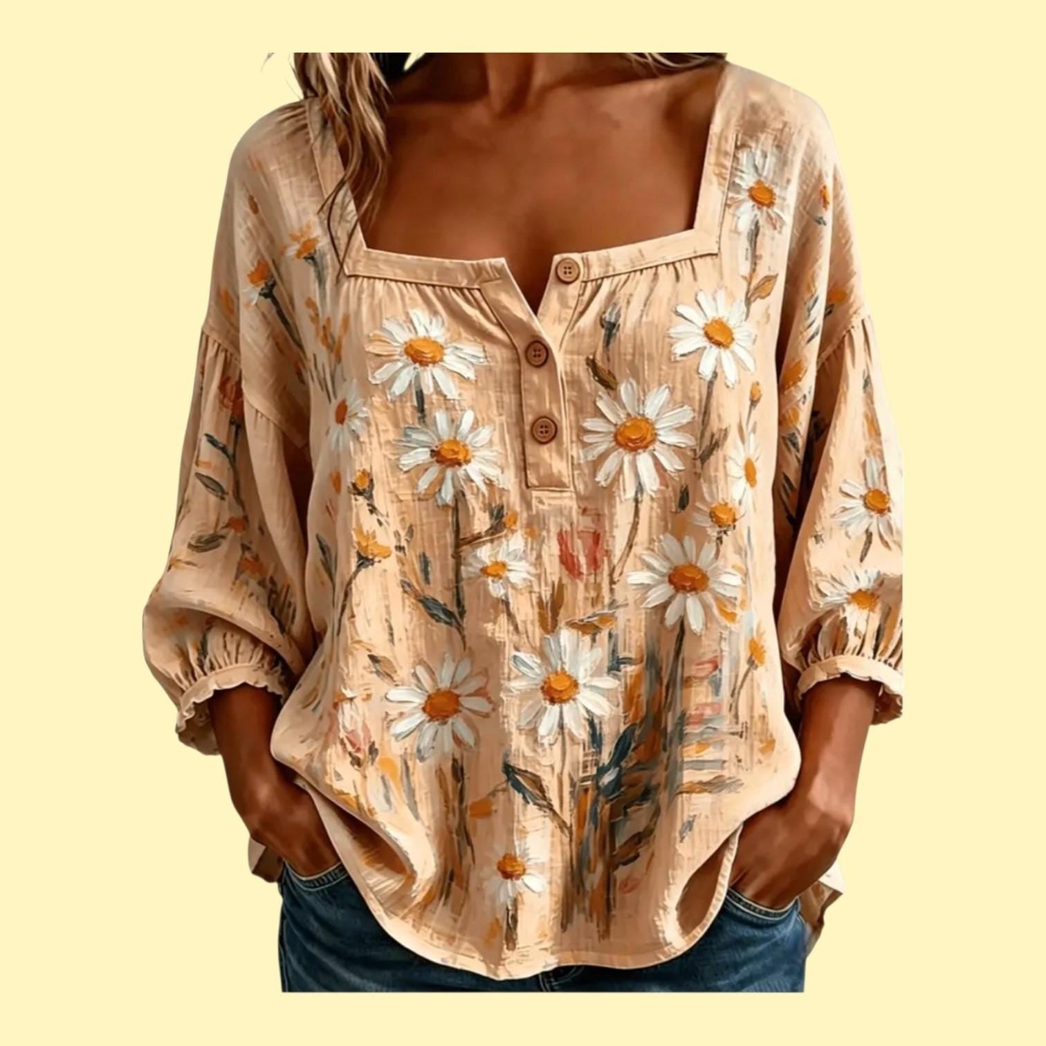 JUST ARRIVED  Boho Peach Casual Babydoll Blouse with 3/4 Sleeves-Size: (L)