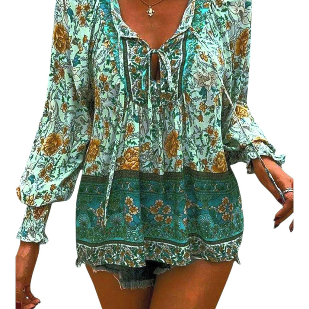 Women's Boho Green Peasant Top | V-Neck Long Sleeve 70s-Inspired Tunic – Size M