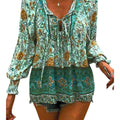 Women's Boho Green Peasant Top | V-Neck Long Sleeve 70s-Inspired Tunic – Size M