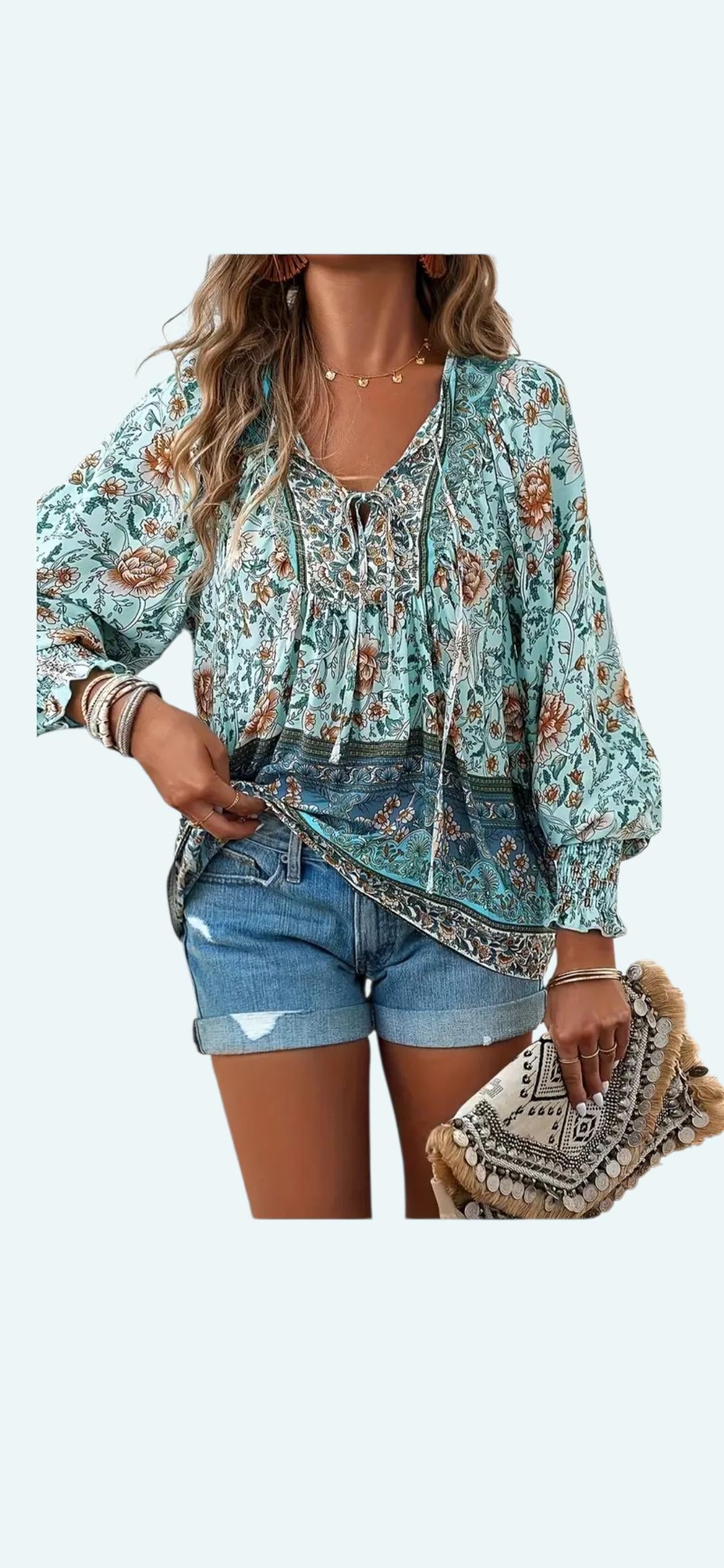 Women's Boho (L) Top - 70's Hippie Style Blouse- Casual V-neck with Ties-