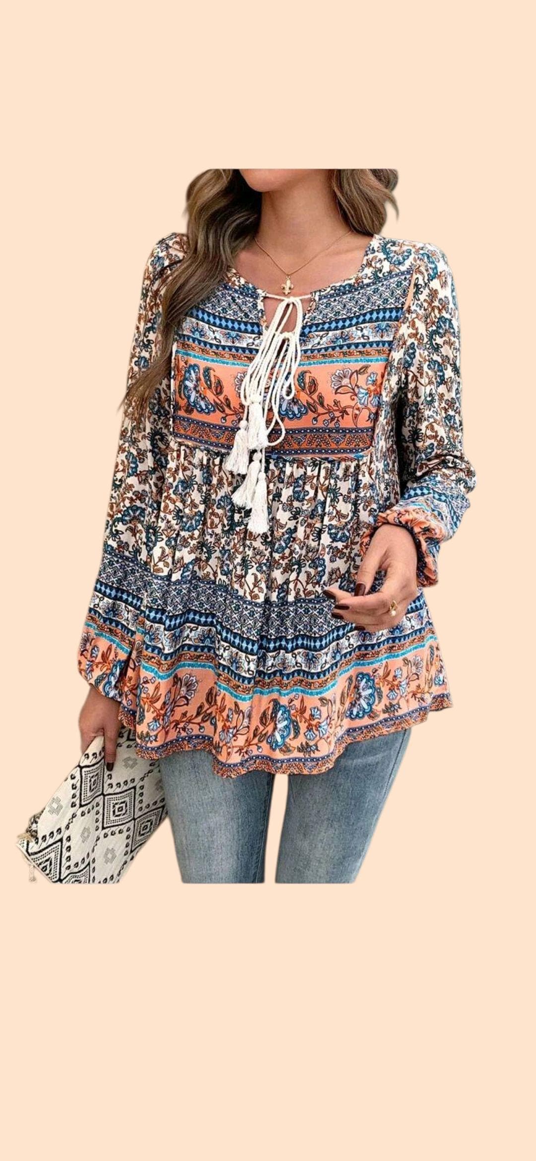 Boho (M) Blue with Peach Flowy, Long Sleeves Blouse with Tassel Ties.