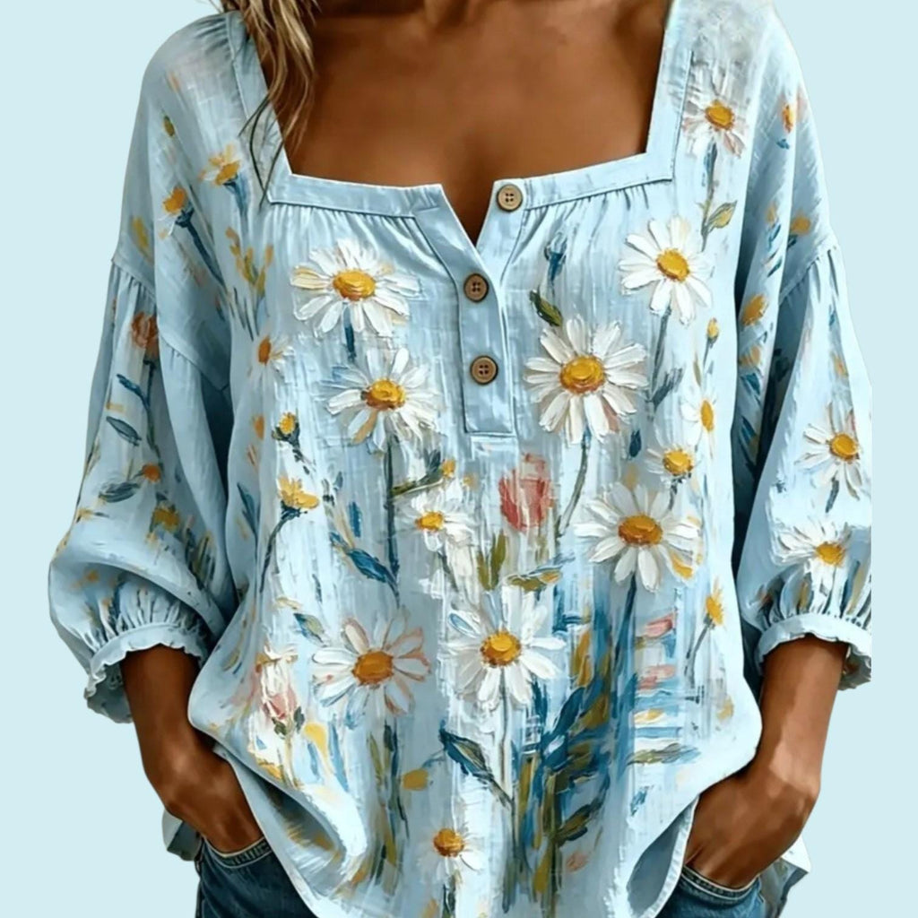 Blue Peasant Loose Blouse - Women's Flowy Top - Bohemian Casual Shirt - Size: M