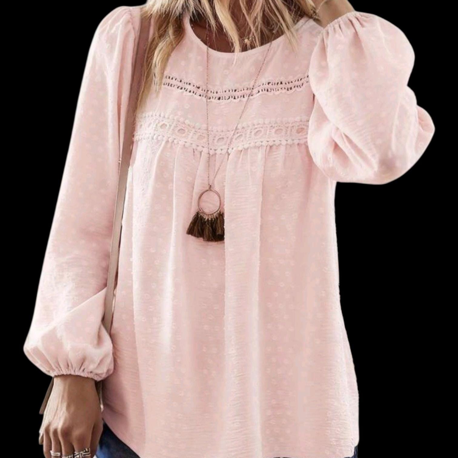 Boho Light Pink Blouse – Round Neck, Long Sleeves with Lace Detail, Relaxed Fit | Size XL