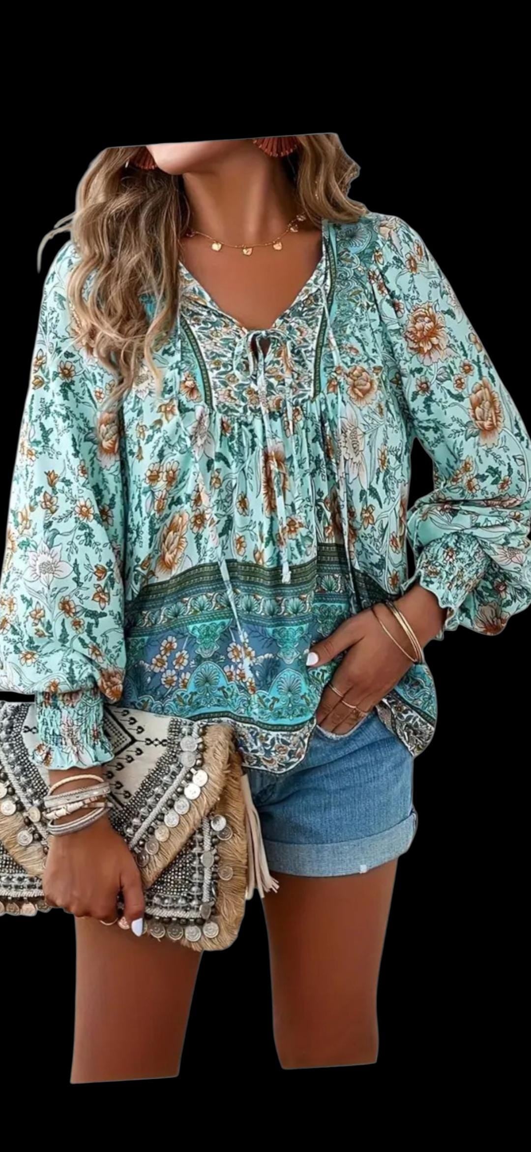 Blue Boho Blouse – Flowy V-Neck with Ties, Elegant Bohemian Style – Size M