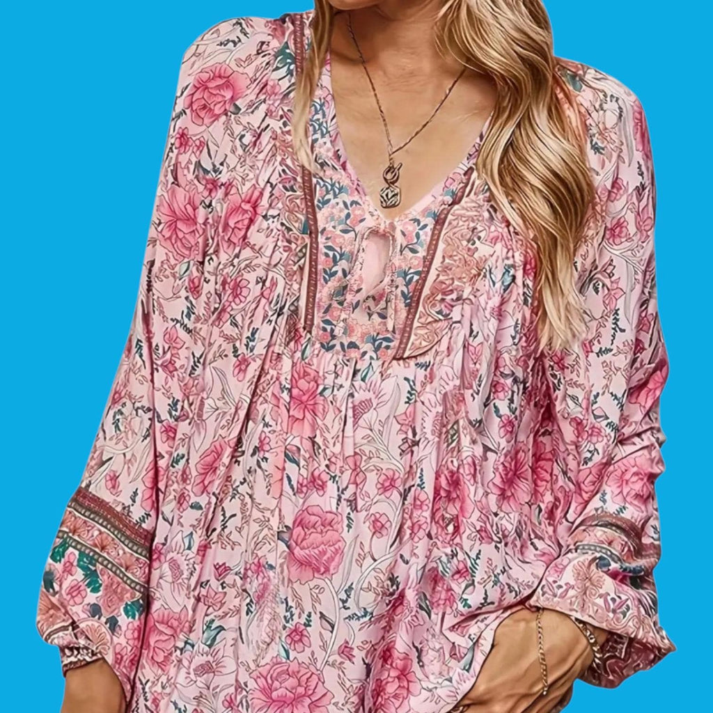 Plus Size Pink Floral Boho Blouse – V-Neck with Ties, Flowy Relaxed Fit – Elegant Bohemian Style – Size 22 (5XL)