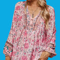 Plus Size Pink Floral Boho Blouse – V-Neck with Ties, Flowy Relaxed Fit – Elegant Bohemian Style – Size 22 (5XL)