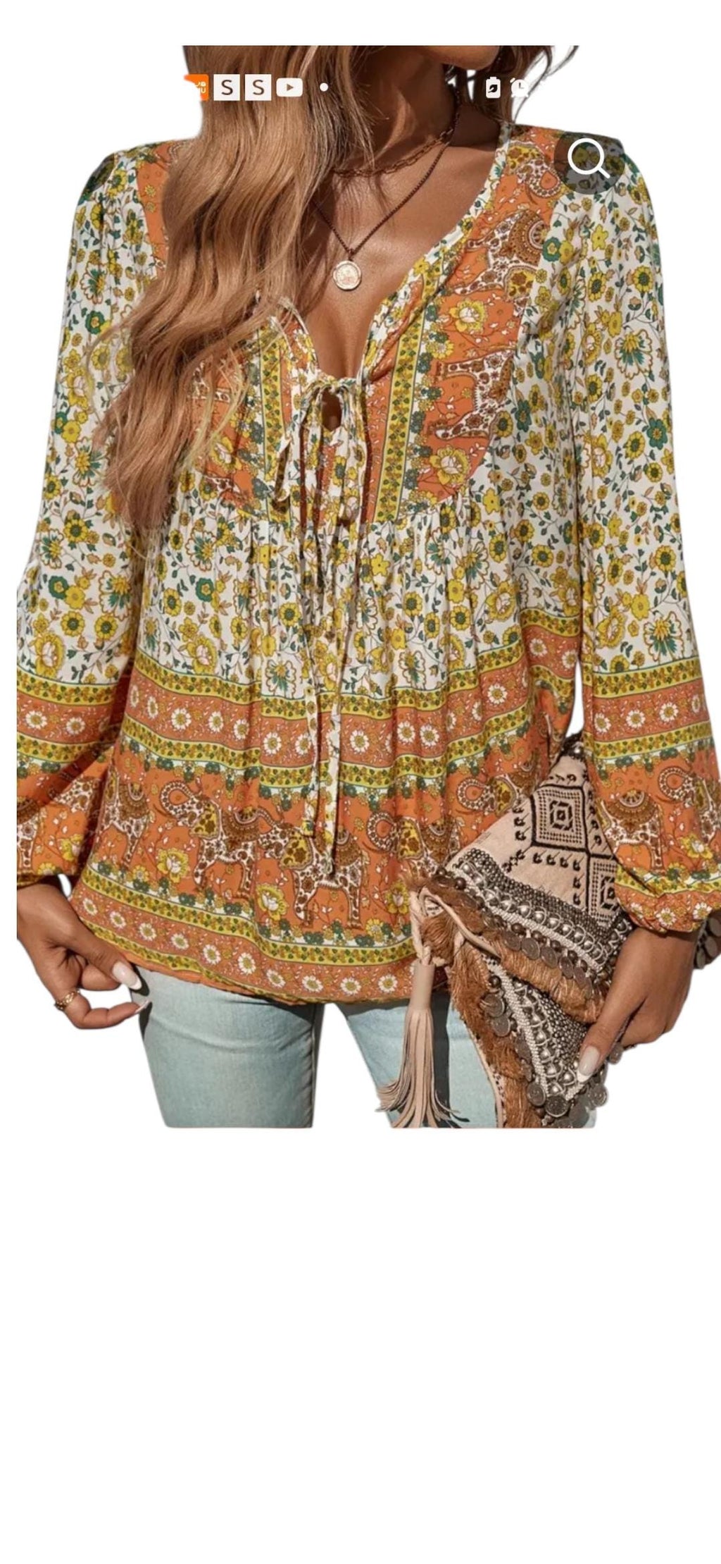 Women's Boho Pumpkin Orange & Yellow Blouse – Flowy Bohemian Top, Long Sleeve, Fall Festival Outfit, Hippie Style – Size Large