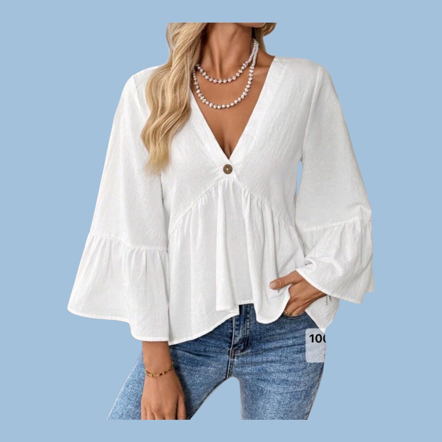 Boho 100% Cotton White V-Neck Flowy Top – Hippie Loose Fit – L