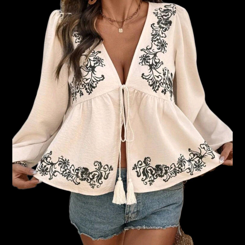 Women's Ivory & Black Boho Babydoll Top | Hippie Tassel V-Neck Blouse | Size L
