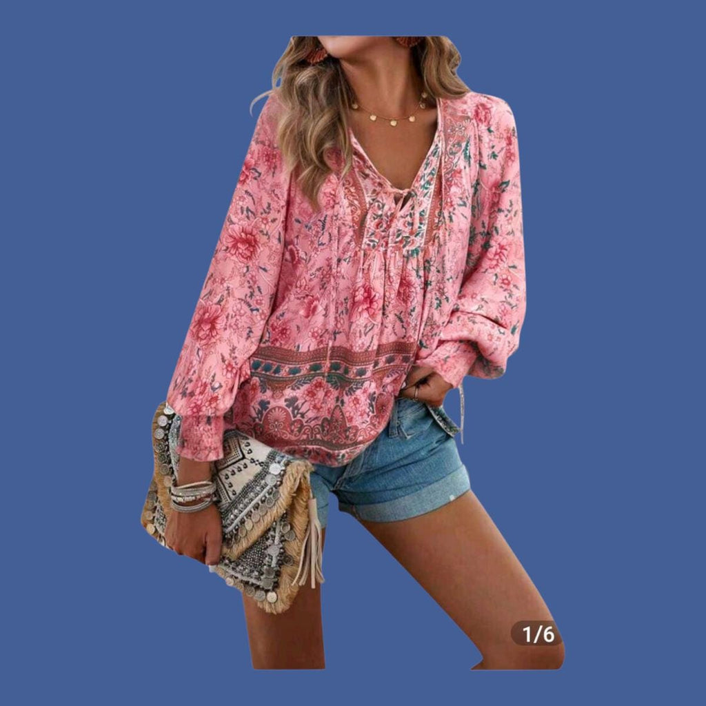 Women's Boho Pink Floral Blouse | V-Neck Long Sleeve Flowy Top – Size M