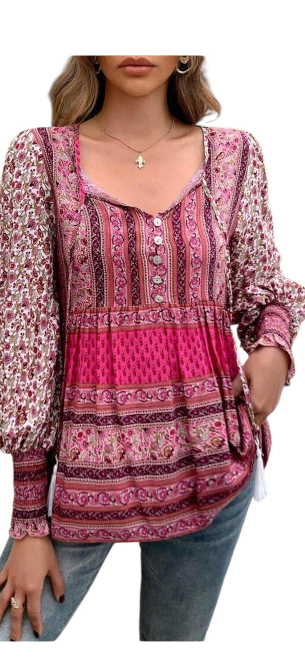 Women's Boho Rose Pink Peplum Blouse | V-Neck Tassel Detail Long Sleeve Tunic – Size XL