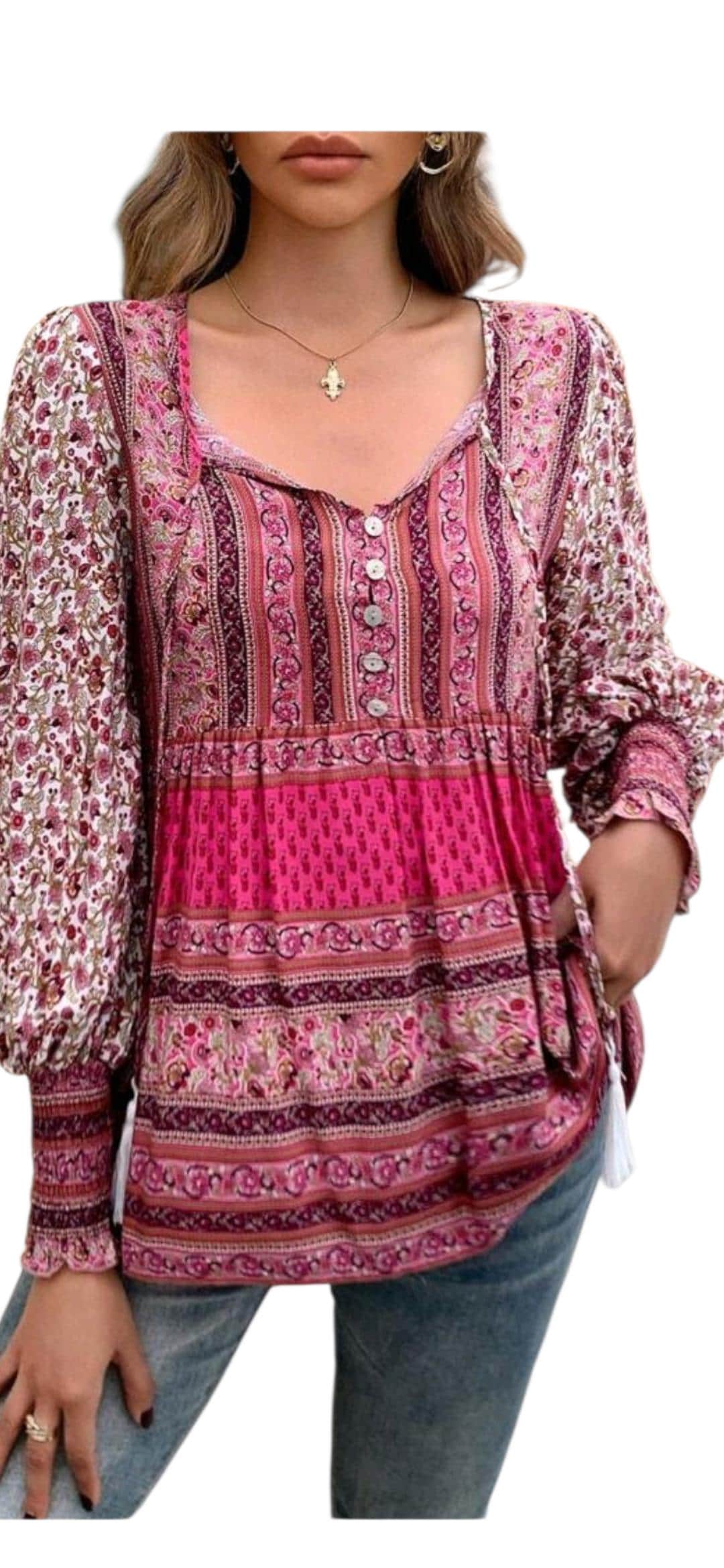 Women's Boho Rose Pink Peplum Blouse | V-Neck Tassel Detail Long Sleeve Tunic – Size XL