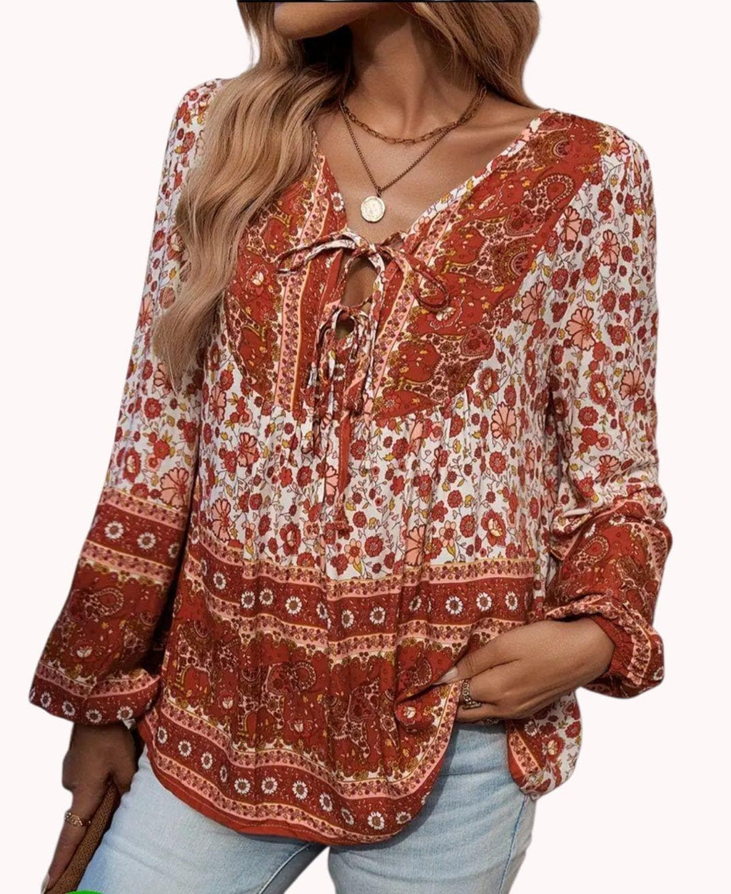 Boho Cinnamon Flowy Long Sleeve V-Neck Top with Ties – Hippie Free-Spirit Style – L
