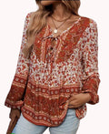 Boho Cinnamon Flowy Long Sleeve V-Neck Top with Ties – Hippie Free-Spirit Style – L