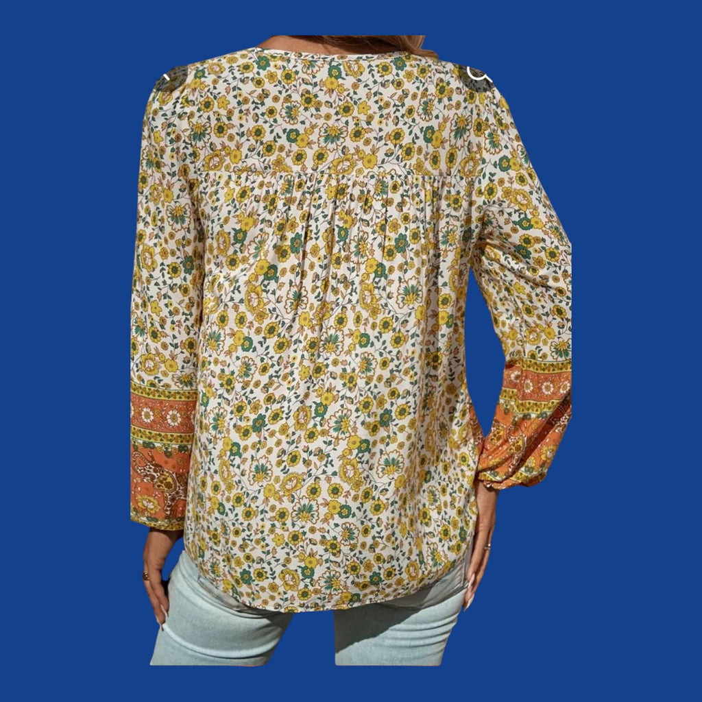 Women's Boho Flowy Blouse | V-Neck Long Sleeve with Ties – Size XL