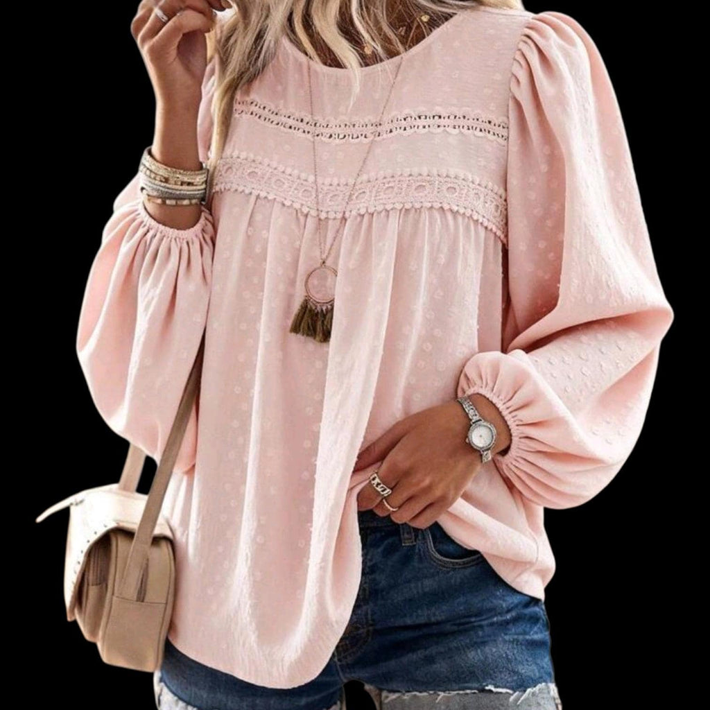 Bohemian Light Pink Blouse - Women's L Round Neck Long Sleeves with Lace Detail